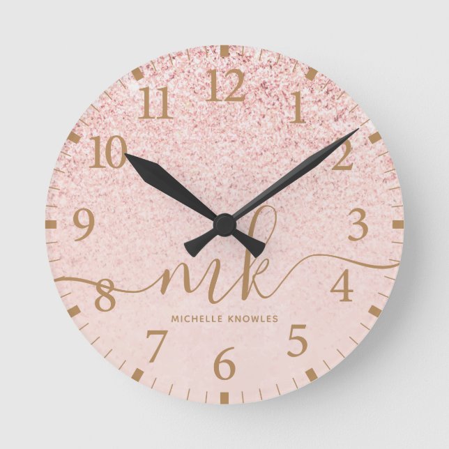 Trendy Rose Gold Glitzer Extravagante Initialen un Runde Wanduhr (Vorderseite)