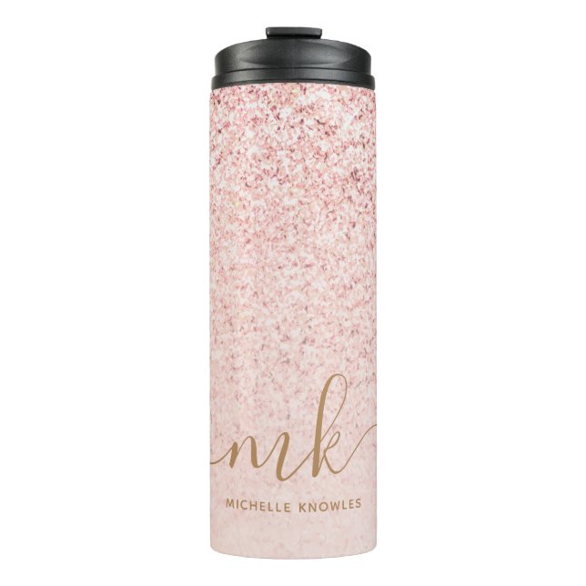 Trendy Rose Gold Glitzer Extravagante Initialen un Thermosbecher (Vorderseite)