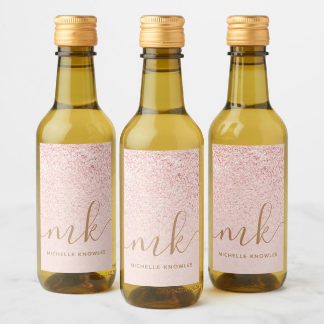 Trendy Rose Gold Glitzer Extravagante Initialen un Weinetikett (Flaschen)