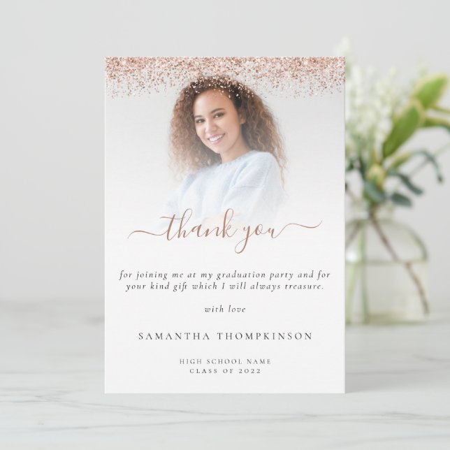 Trendy Rose Gold Glitzer Foto Abschluss Dankeskarte (Stehend Vorderseite)