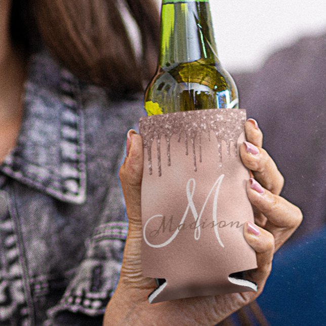 Trendy Rose Gold Glitzer Tropfen Mit Monogramm Dosenkühler (Von Creator hochgeladen)