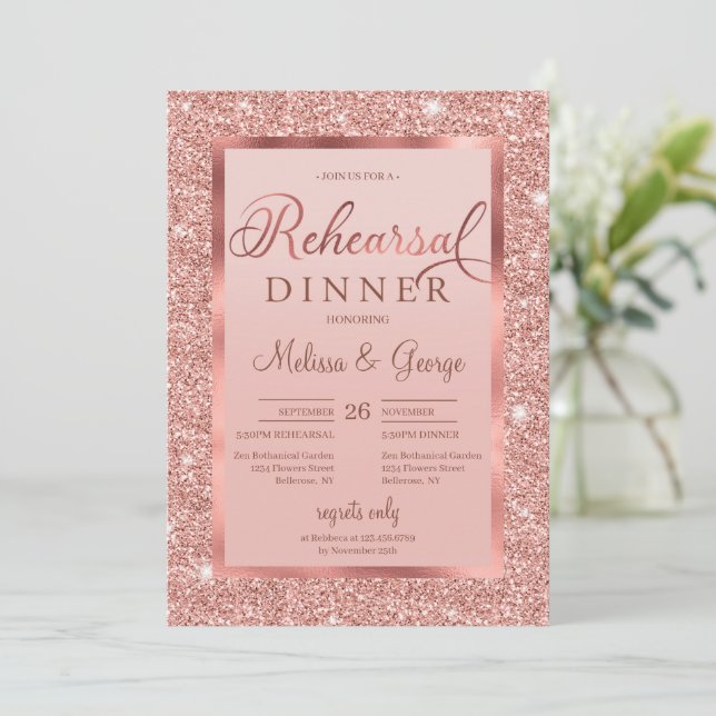 Trendy Rose Gold Glitzer und Folie moderne Probe Einladung (Stehend Vorderseite)