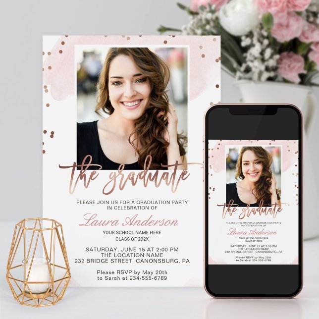 Trendy Rose Gold Graduate Foto Graduation Party Einladung (Von Creator hochgeladen)