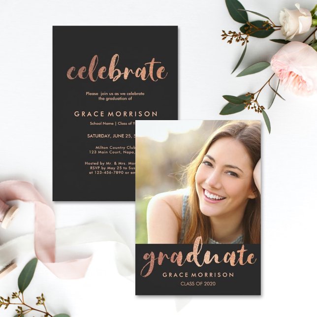 Trendy Rose Gold Graduation Party Foto Einladung (Von Creator hochgeladen)