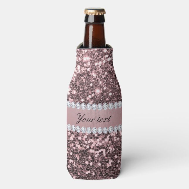 Trendy Rose Gold Imitate Glitzer und Diamanten Flaschenkühler (Flaschenvorderseite)
