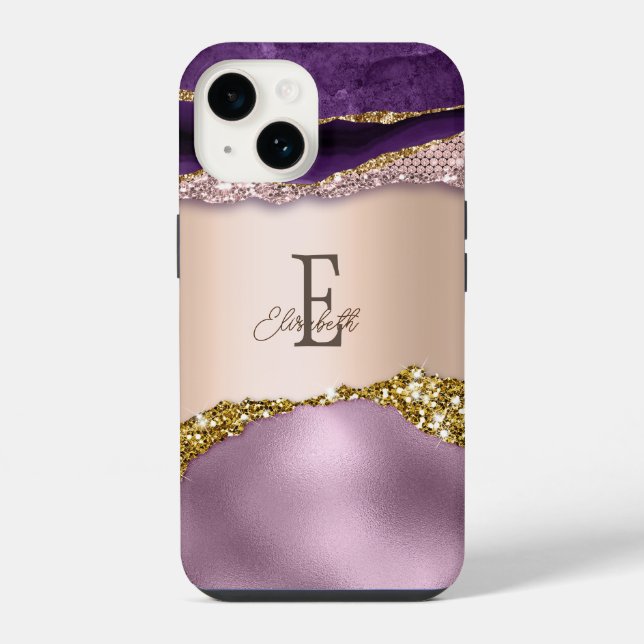 Trendy Rose Gold Lila Glitzer Monogram iPhone 14 Hülle (Rückseite)