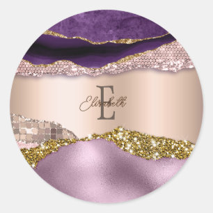 Trendy Rose Gold Lila Glitzer Monogram iPhone Runder Aufkleber