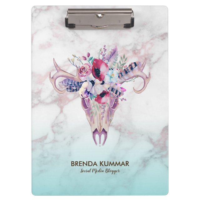 Trendy Rose gold Marble Ombre & Boho Skull Klemmbrett (Vorderseite)