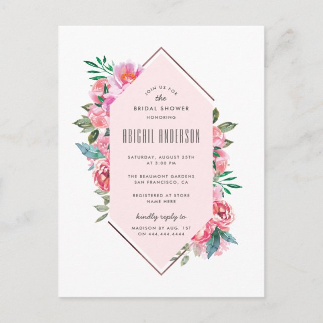 Trendy Rose Gold Pink Floral Brautparty Einladungspostkarte (Vorderseite)