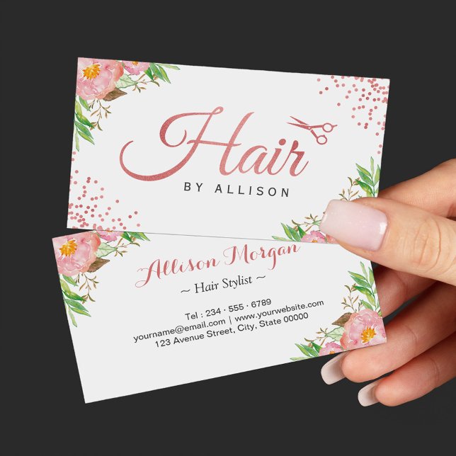 Trendy Rose Gold Scissors Floral Hair Stylist Visitenkarte (Von Creator hochgeladen)