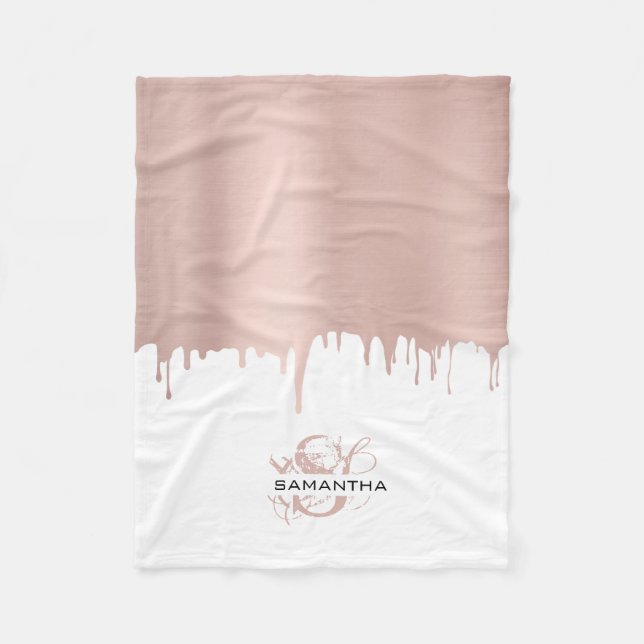 Trendy Rose Pink Gold Metallic Tropfen Monogram Fleecedecke (Vorderseite)