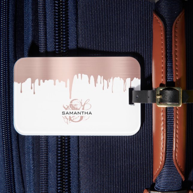 Trendy Rose Pink Gold Metallic Tropfen Monogram Gepäckanhänger (Vorderseite Insitu 4)