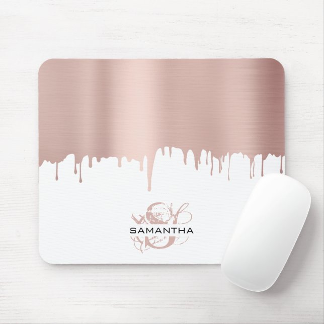 Trendy Rose Pink Gold Metallic Tropfen Monogram Mousepad (Mit Mouse)