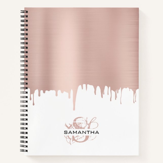 Trendy Rose Pink Gold Metallic Tropfen Monogram Notizbuch (Vorderseite)