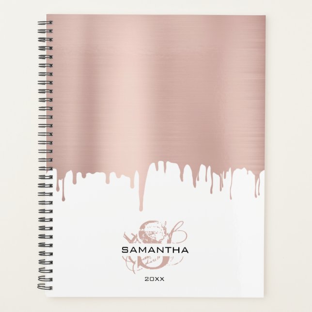 Trendy Rose Pink Gold Metallic Tropfen Monogram Planer (Vorderseite)