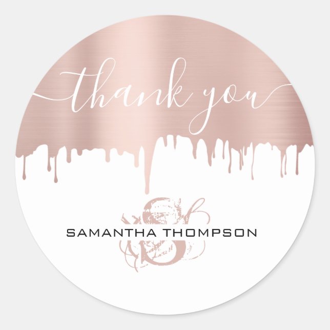 Trendy Rose Pink Gold Metallic Tropfen Monogram Runder Aufkleber (Vorderseite)