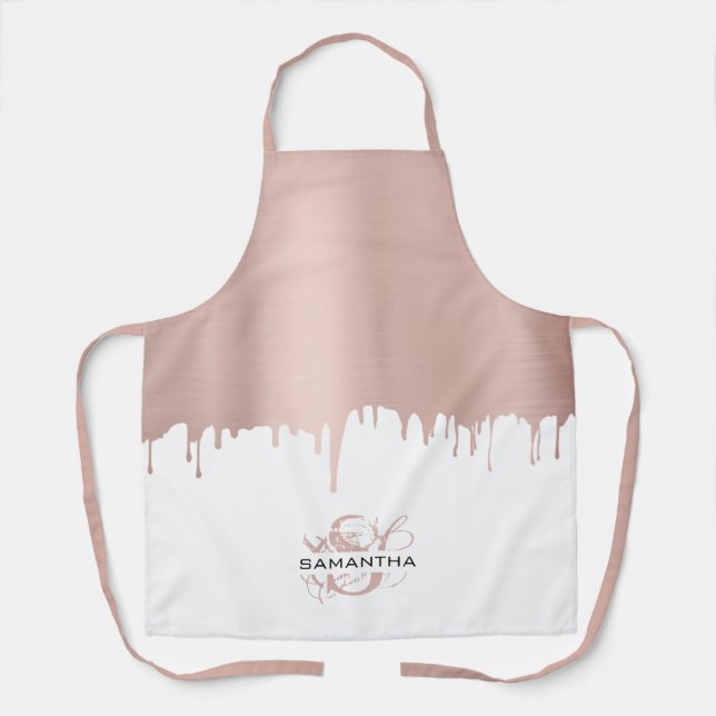 Trendy Rose Pink Gold Metallic Tropfen Monogram Schürze (Vorderseite)