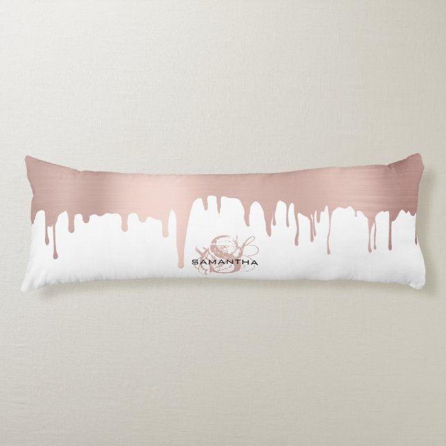 Trendy Rose Pink Gold Metallic Tropfen Monogram Seitenschläferkissen (Vorderseite)