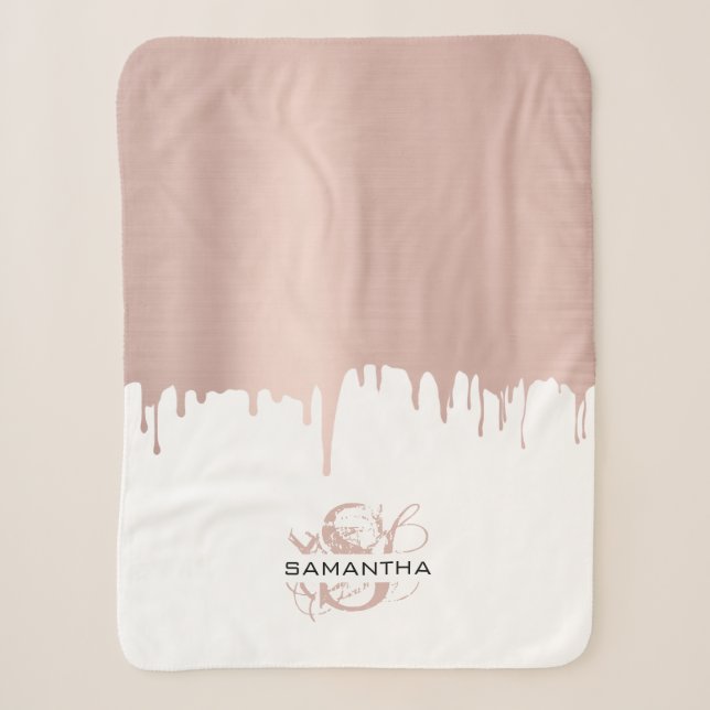 Trendy Rose Pink Gold Metallic Tropfen Monogram Sherpadecke (Vorderseite)
