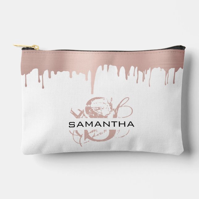 Trendy Rose Pink Gold Metallic Tropfen Monogram Zubehörtasche (Vorderseite)