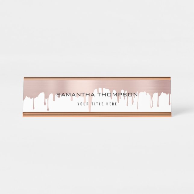 Trendy Rose Pink Gold Metallic Tropfen Schreibtischnamensplakette (Vorderseite )