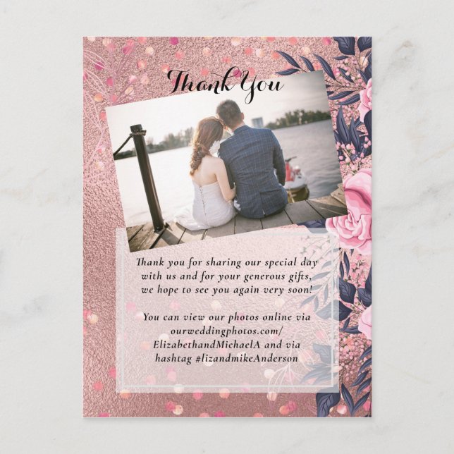 Trendy ROSEGOLD Wedding Metallic Pink Navy Glitzer Postkarte (Vorderseite)