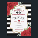 Trendy Rote Rosen 60. Überraschung Geburtstag Einladung<br><div class="desc">Dieses Design zeichnet sich durch lebendige Aquarellfarben-rote Rosen auf schwarz-weiß gestreiftem Hintergrund aus</div>