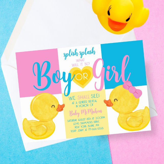 Trendy Rubber Duck Genre Reveal Party Invitation (Trendy Unique Watercolor Rubber Ducky Gender Reveal Party Invitations. In Blue, Pink and Yellow.)
