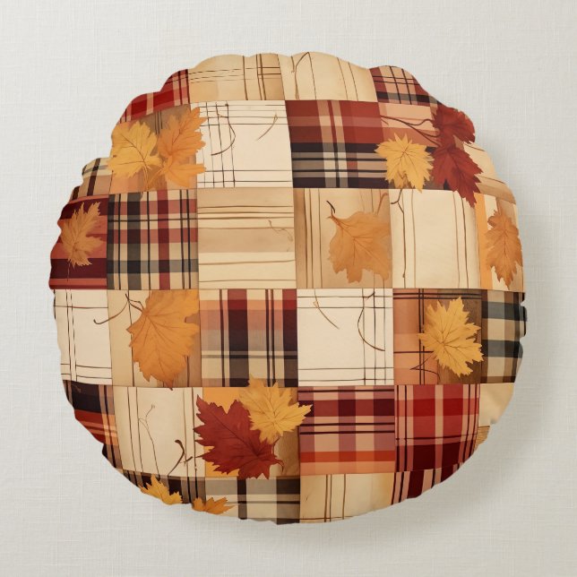 Trendy Rustic Herbst floral Kariert mit Zitat Rundes Kissen (Vorderseite)