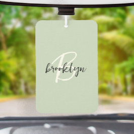 Trendy Sage Green Black White Script Monogram  Autolufterfrischer