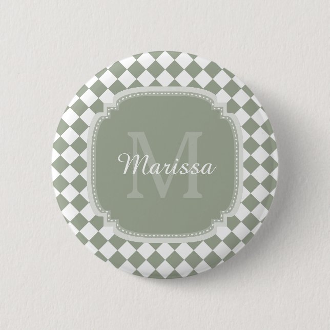 Trendy Sage Green Checked Mit Monogramm Name Button (Vorderseite)