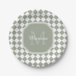 Trendy Sage Green Checked Mit Monogramm Name Pappteller