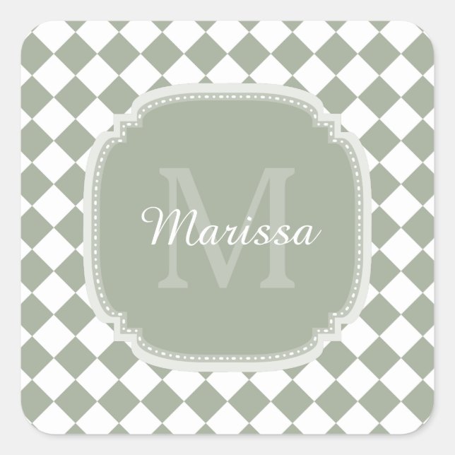Trendy Sage Green Checked Mit Monogramm Name Quadratischer Aufkleber (Vorderseite)