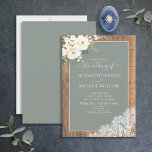 Trendy Sage Green Rustic Wood Script Wedding Invit Einladung<br><div class="desc">Treten Sie ein in eine rustikale und verträumte Welt mit unserer Sage Green Eukalyptus White Floral Wood Lace Wedding Einladung. Diese elegante Einladung besticht durch eine charmante Kombination aus rustikalen und botanischen Elementen wie zarter Eukalyptusgrün, unberührten weißen Blumen und honigfarbenen Holztexturen. Die handgeschriebene Schrift-Typografie fügt eine Touch von Eleganz hinzu,...</div>