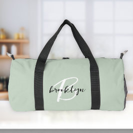 Trendy Sage Green Schwarz-weiß Script Monogram Duffle Bag