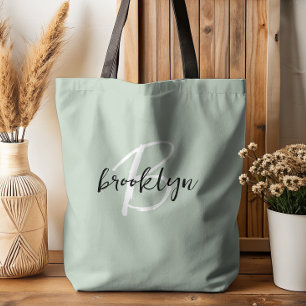 Trendy Sage Green Schwarz-weiß Script Monogram Tasche