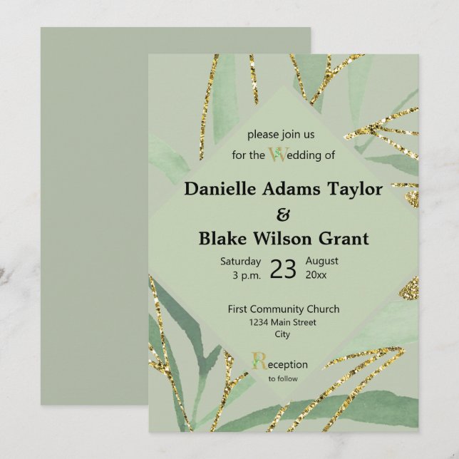 Trendy Sage Hues & Gold Glitzer Einladung zur Hoch (Vorne/Hinten)