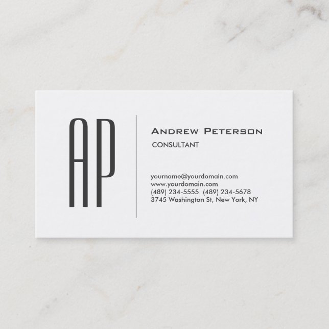 Trendy Schlicht White Gray Monogram Business Card Visitenkarte (Vorderseite)