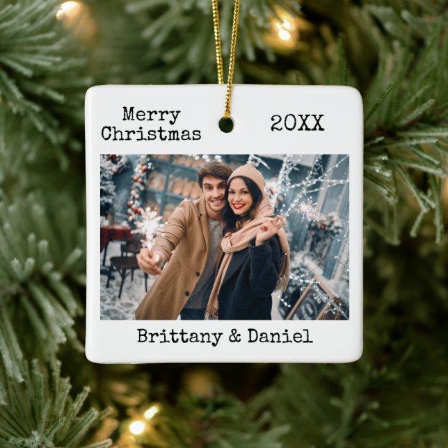 Trendy Schreibwriter Text Frohe Weihnachts-Foto Keramikornament (Baum)