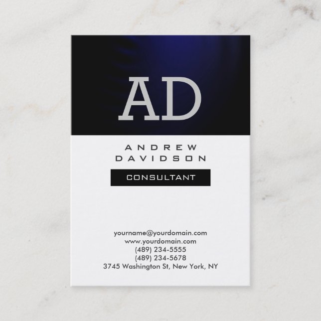 Trendy Schwarz-weiß Blue Monogram Business Card Visitenkarte (Vorderseite)
