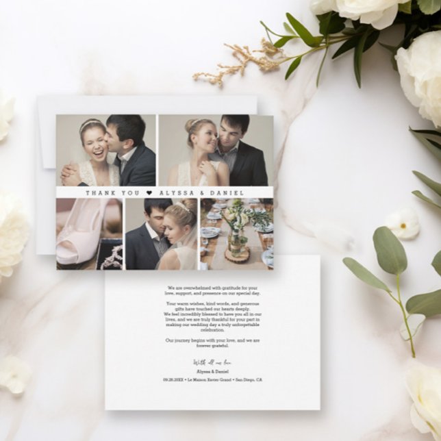 Trendy Schwarz-weiß Chic Wedding Foto Collage Dankeskarte (Trendy photo collage grid wedding thank you cards)