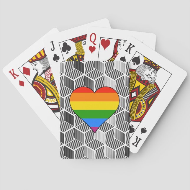 Trendy Schwarz-weiß Design mit Rainbow Heart Liebe Spielkarten (Rückseite)