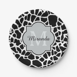 Trendy Schwarz-weiß Giraffe Drucken Sie Mit Monogr Pappteller