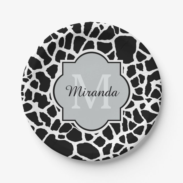 Trendy Schwarz-weiß Giraffe Drucken Sie Mit Monogr Pappteller (Vorderseite)