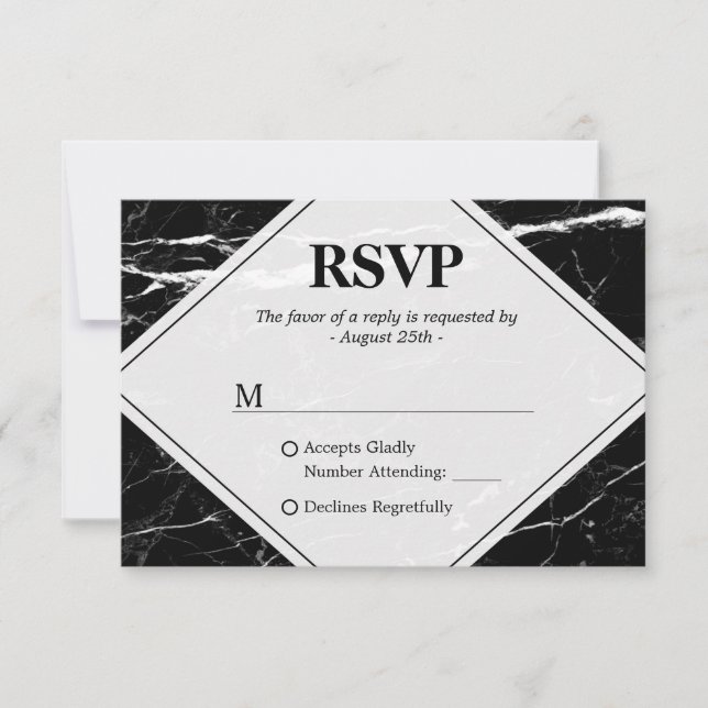 Trendy Schwarz-weiß Marble Wedding RSVP Karte (Vorderseite)