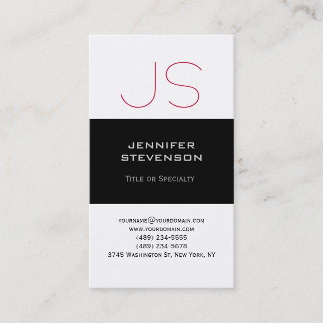 Trendy Schwarz-weiß Red Monogram Business Card Visitenkarte (Vorderseite)