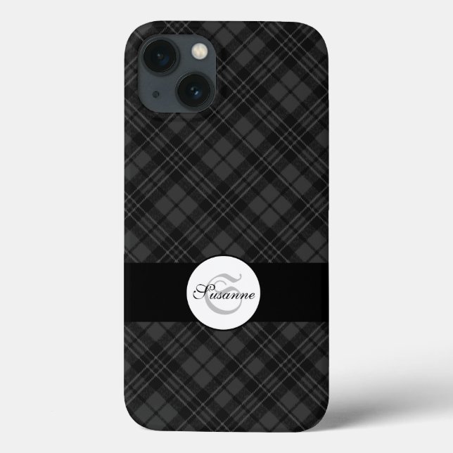 Trendy Schwarz-weiß tartan Personalize Monogram Case-Mate iPhone Hülle (Rückseite)
