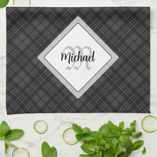 Trendy Schwarz-weiß tartan Personalize Monogram Geschirrtuch (Gefaltet)