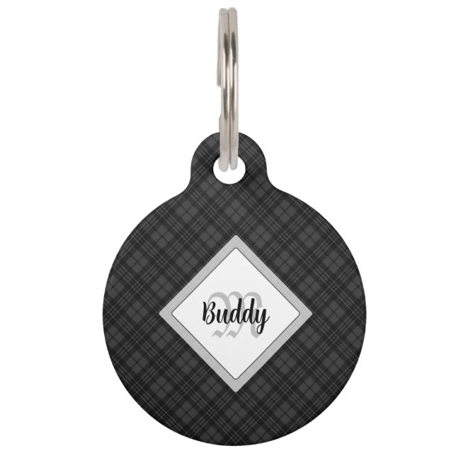Trendy Schwarz-weiß tartan Personalize Monogram Haustiermarke (Vorderseite)