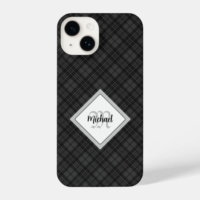 Trendy Schwarz-weiß tartan Personalize Monogram iPhone 14 Hülle (Rückseite)